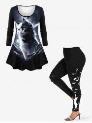 3D Glitter Cat Moon Sea Print Ombre T-shirt and Feather Graphic Leggings Plus Size Matching Set -  