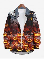 Plus Size Glitter Pumpkin Lantern Bat Castle Ombre Galaxy Moon Print Halloween Button Shirt For Men -  