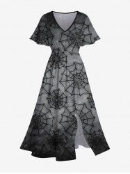 Plus Size Halloween Costume Spider Web Ombre Print Split Midi Dress -  