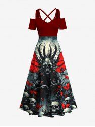 Plus Size Halloween Costume Skull Octopus Bloody Butterfly Print Cold Shoulder Crisscross Maxi Dress -  