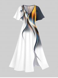 Robe Mi-longue en Blocs de Couleurs et Brillante 3D Imprimé Grande Taille - Blanc 6X