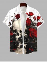 Plus Size Halloween Costume Rose Flower Skull Print Buttons Pocket Shirt For Men -  