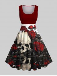Plus Size Halloween Costume Rose Flower Skull Print 1950s Vintage Dress -  