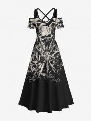Plus Size Halloween Costume Skulls Print Cold Shoulder Crisscross Maxi Dress -  