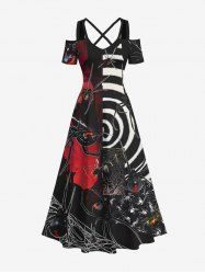 Robe D'Halloween Costume Ligne A Cadeau Imprimé Croisé Grande Taille - Noir 1X