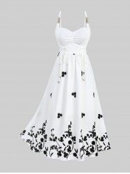 Plus Size Lace Up Ruched Floral Jacquard Embroidery Leaf Buckle Two Tone A Line Cami Dress -  