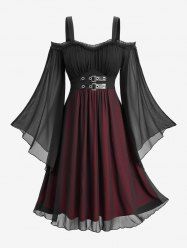 Plus Size Cold Shoulder Flare Sleeves PU Strap Buckle Grommet Layered Chiffon Ruched A Line Dress -  
