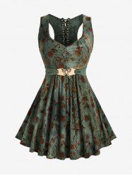 Plus Size Rose Flower Flocking Ruched Butterfly Buckle Grommets Lace Up Back Tank Top -  