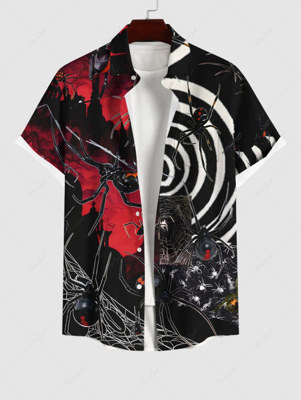 Unique Plus Size Dartboard Hell Spider Web Print Halloween Button Pocket Shirt For Men  