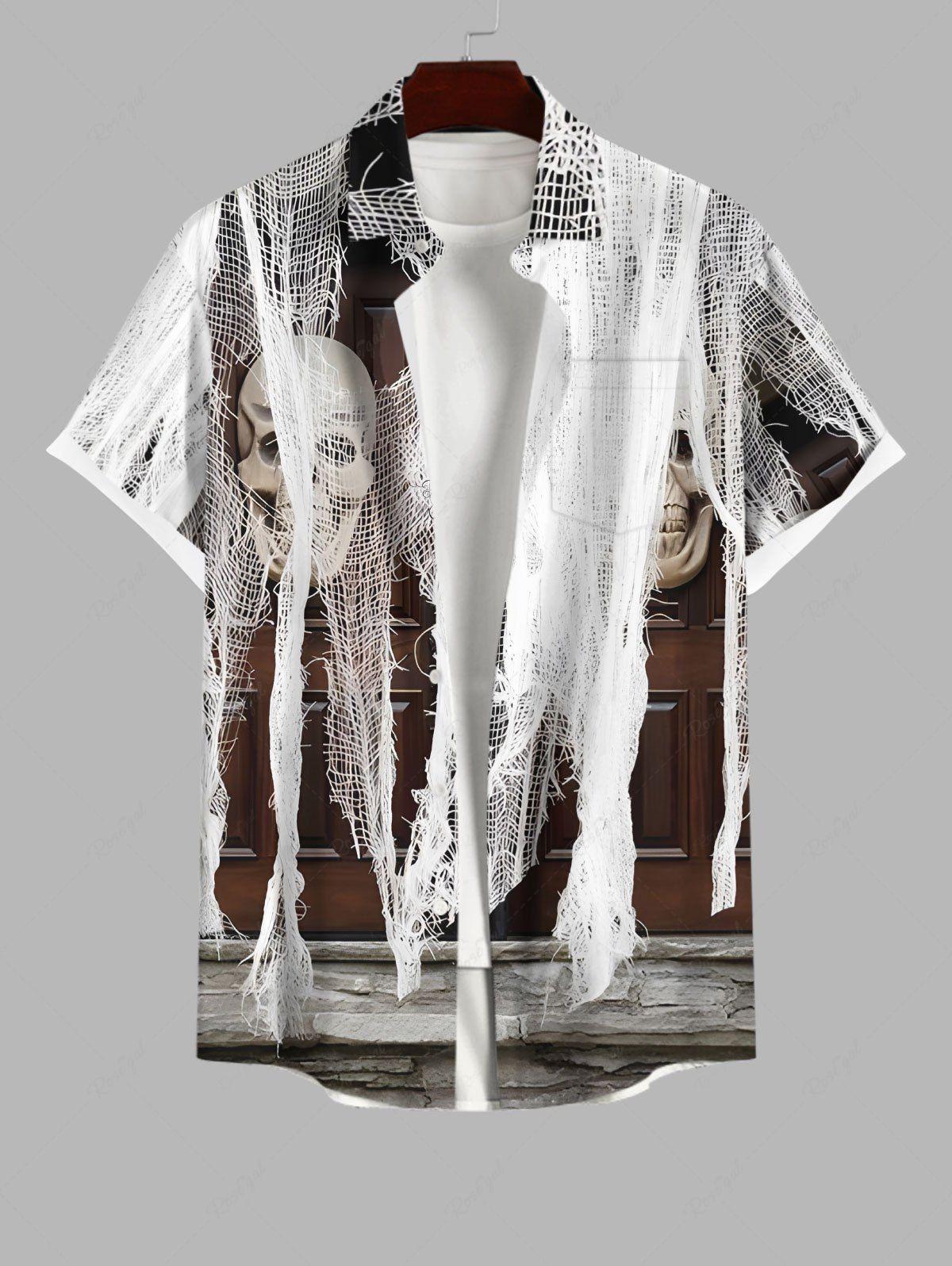 Store Plus Size Skull Distressed Gauze Print Halloween Button Pocket Shirt For Men  