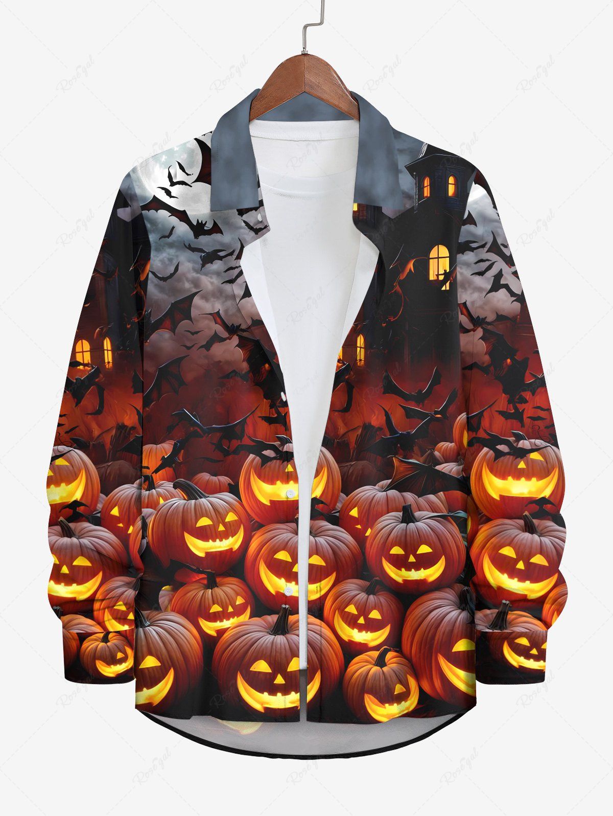 Latest Plus Size Glitter Pumpkin Lantern Bat Castle Ombre Galaxy Moon Print Halloween Button Shirt For Men  