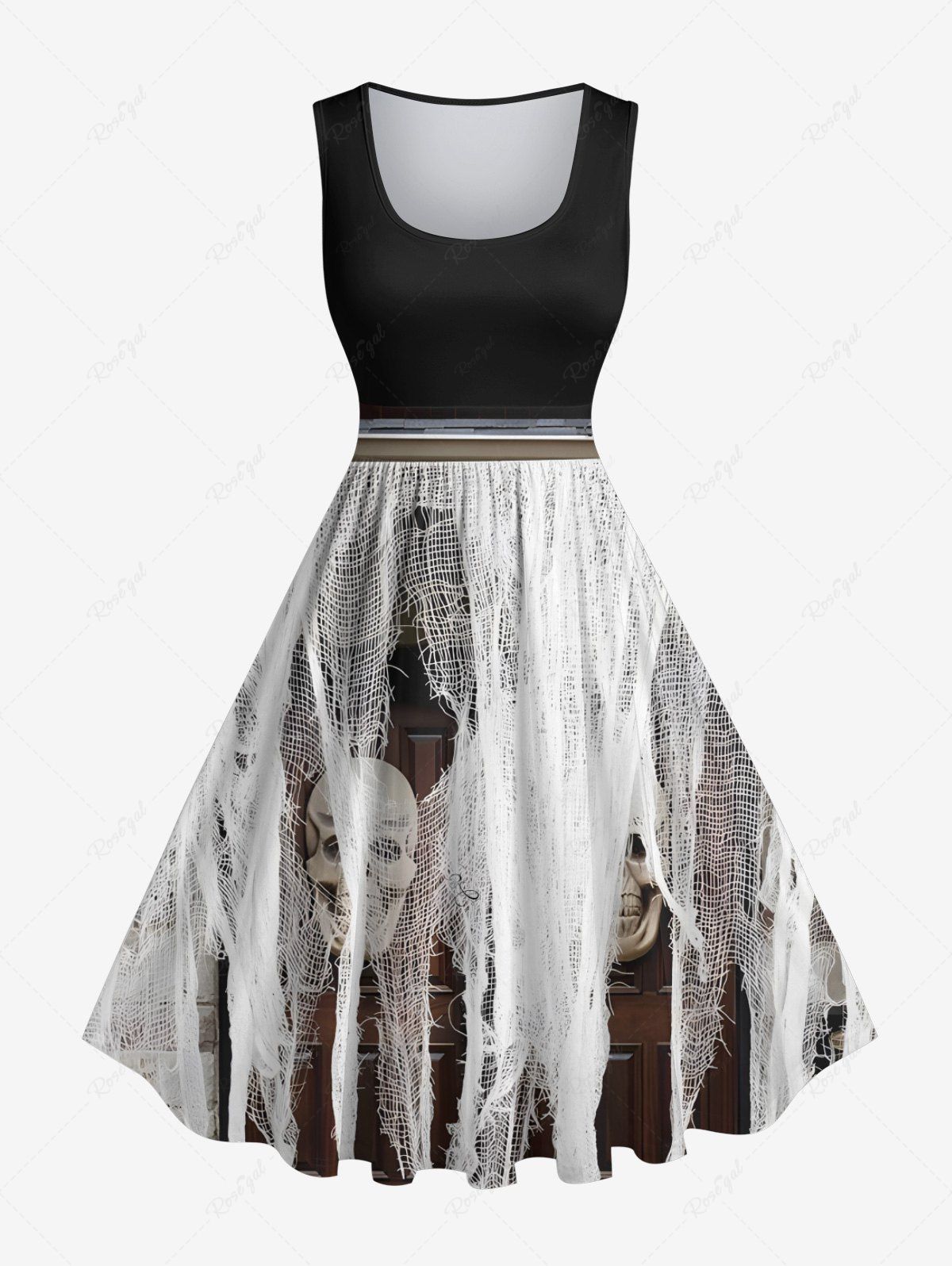 Outfits Plus Size Skull Distressed Gauze Print Halloween Costume Vintage Swing A Line Dress  