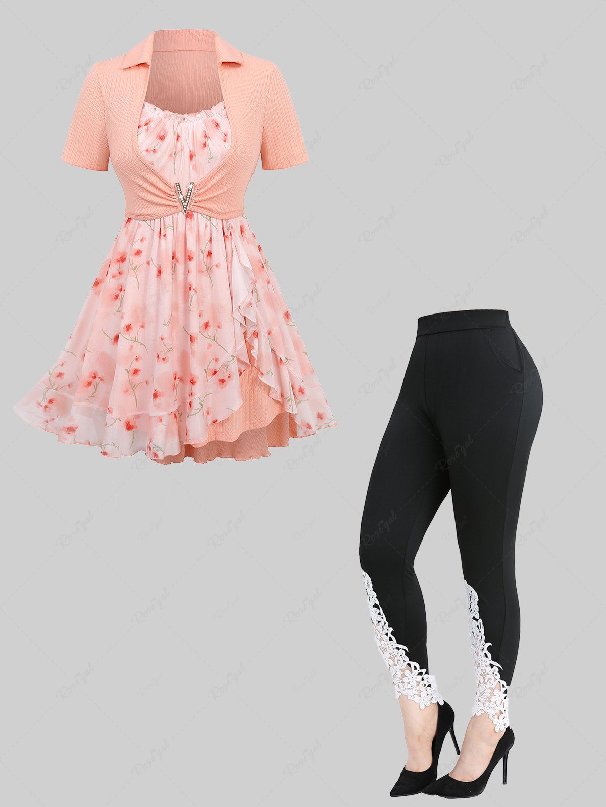 New Flower Print Ruffles V Buckle Textured Tulip Hem 2 In 1 Blouse and Appliques Leggings Plus Size Outfit  
