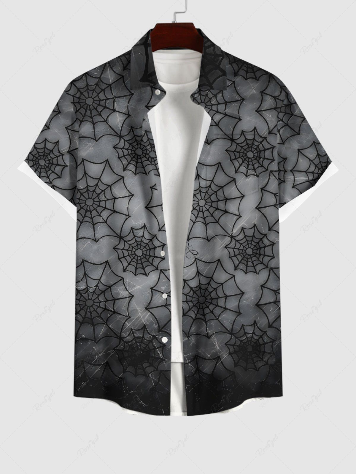 Hot Plus Size Halloween Costume Spider Web Ombre Print Buttons Pocket Shirt For Men  