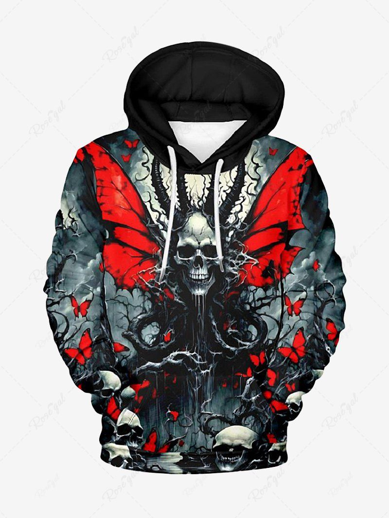 Hot Plus Size Halloween Costume Skull Octopus Bloody Butterfly Print Pocket Drawstring Hoodie For Men  
