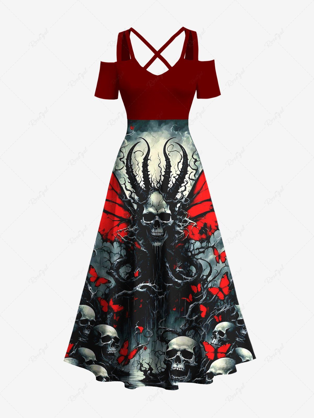Shop Plus Size Halloween Costume Skull Octopus Bloody Butterfly Print Cold Shoulder Crisscross Maxi Dress  
