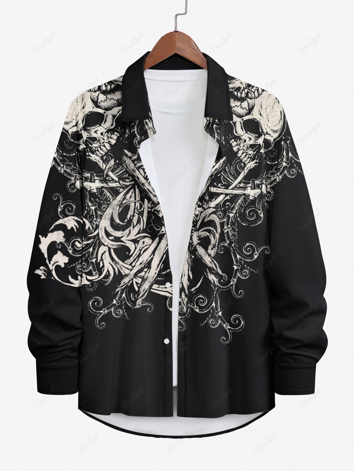 Sale Plus Size Halloween Costume Skulls Print Buttons Long Sleeve Shirt For Men  