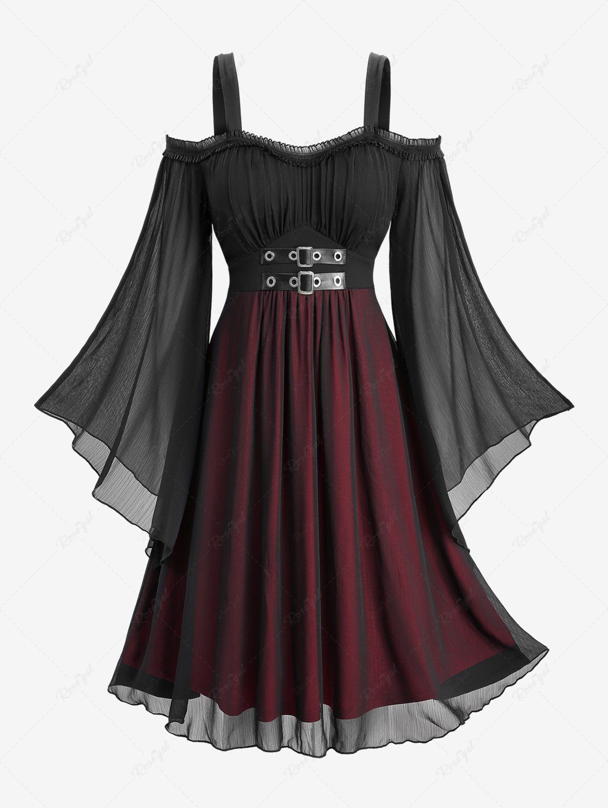 Unique Plus Size Cold Shoulder Flare Sleeves PU Strap Buckle Grommet Layered Chiffon Ruched A Line Dress  
