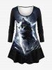 3D Glitter Cat Moon Sea Print Ombre T-shirt and Feather Graphic Leggings Plus Size Matching Set -  