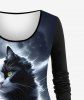 3D Glitter Cat Moon Sea Print Ombre T-shirt and Feather Graphic Leggings Plus Size Matching Set -  