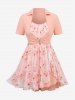 Flower Print Ruffles V Buckle Textured Tulip Hem 2 In 1 Blouse and Appliques Leggings Plus Size Outfit -  