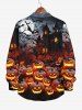 Plus Size Glitter Pumpkin Lantern Bat Castle Ombre Galaxy Moon Print Halloween Button Shirt For Men -  