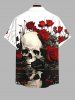 Plus Size Halloween Costume Rose Flower Skull Print Buttons Pocket Shirt For Men -  