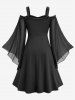 Plus Size Cold Shoulder Flare Sleeves PU Strap Buckle Grommet Layered Chiffon Ruched A Line Dress -  