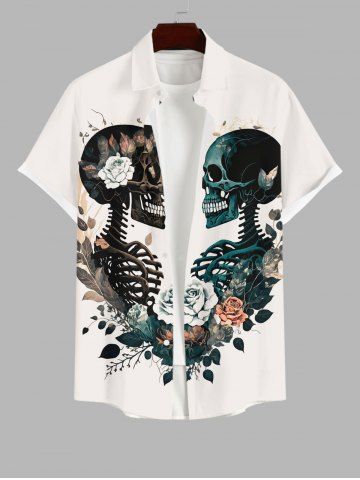 Plus Size Skulls Skeleton Lovers Distressed Flower Leaf Print Halloween Button Pocket Shirt For Men - WHITE - S