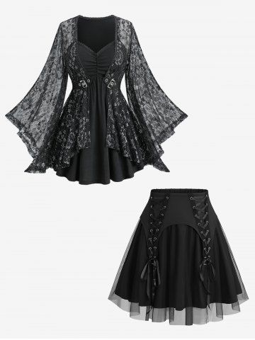 Glitter Rose Flower Ruched 2 in 1 Top and Lace Up Mesh Layered A Line Skirt Plus Size Outfit