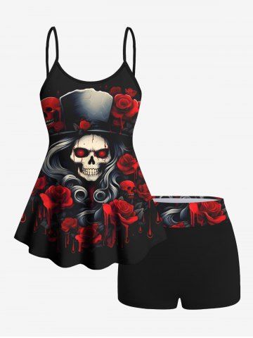 Halloween Costume Skull Wizard Bloody Rose Flower Print Boyleg Tankini Swimsuit (Adjustable Shoulder Strap) - BLACK - XS