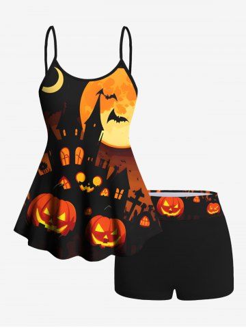 Halloween Costume Pumpkin Lantern Castle Bat Moon Print Boyleg Tankini Swimsuit (Adjustable Shoulder Strap) - BLACK - S