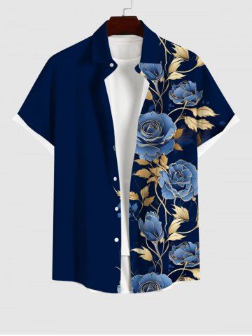 Plus Size Floral Gilding Leaf Print Hawaii Button Pocket Shirt For Men