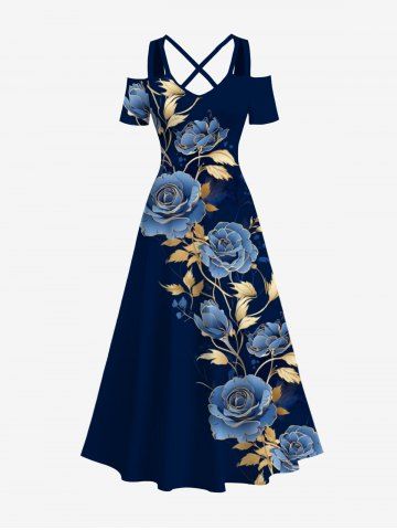 Plus Size Floral Gilding Leaf Print Hawaii Crisscross A Line Maxi Dress - MIDNIGHT BLUE - XS