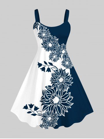 Plus Size Two Tone Flowers Colorblock Print Hawaii Tank Dress