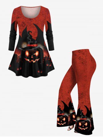 Halloween Costume Hat Pumpkin Latern Tomb Eyes Print Plus Size Matching Outfit For Couples - RED