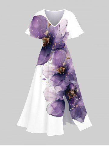 Robe Hawaïen Mi-Longue Fendue Fleur Imprimée de Grande Taille - WHITE - 6X