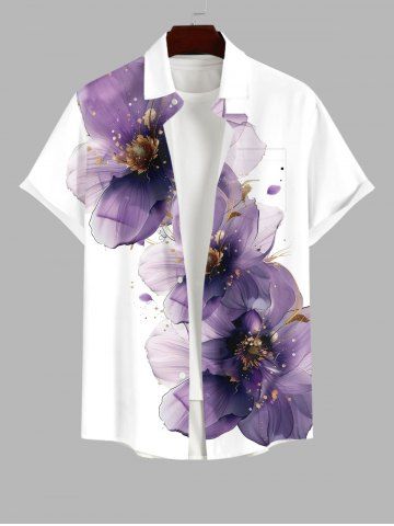 Plus Size Flowers Print Buttons Pocket Hawaii Shirt For Men - WHITE - L