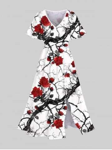 Plus Size Rose Flower Ink Painting Branch Print Hawaii Split Pocket A Line Midi Dress - WHITE - XS