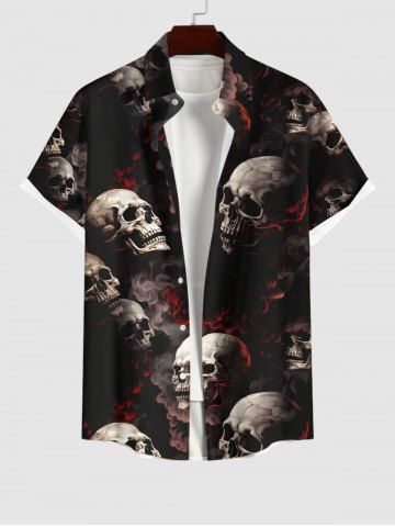 Plus Size Halloween Costume Skulls Fog Print Buttons Pocket Shirt For Men - BLACK - XL