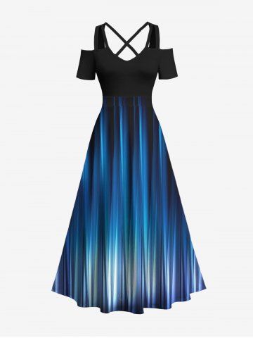 Plus Size Ombre Glitter Light Beam 3D Print Cold Shoulder Crisscross Hawaii Maxi Dress - SKY BLUE - 5X