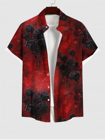 Plus Size Tie Dye Ombre Rose Flower Print Halloween Button Pocket Shirt For Men - RED - S