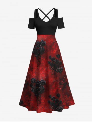 Plus Size Tie Dye Ombre Rose Flower Print Halloween Costume Crisscross A Line Maxi Dress - RED - S