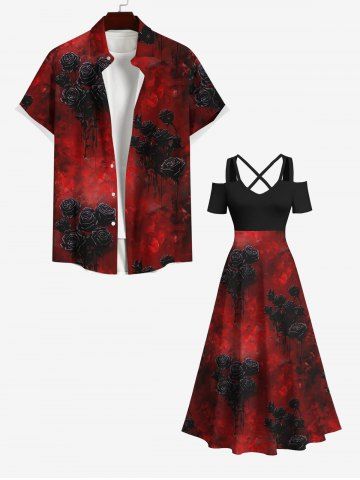 Halloween Vampire Costume Plus Size Tie Dye Ombre Rose Flower Print Crisscross A Line Maxi Dress