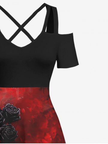 Halloween Vampire Costume Plus Size Tie Dye Ombre Rose Flower Print Crisscross A Line Maxi Dress