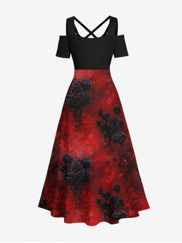 Halloween Vampire Costume Plus Size Tie Dye Ombre Rose Flower Print Crisscross A Line Maxi Dress