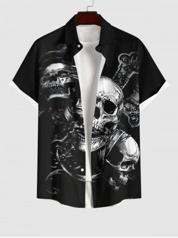 Plus Size Halloween Costume Skulls Cross Print Buttons Pocket Shirt For Men - BLACK - S