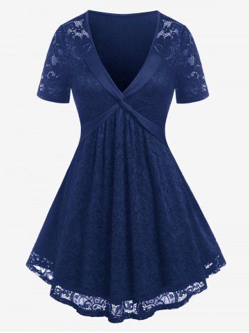 T-shirt Tordu en Avant Panneau en Dentelle Courbe Grande Taille - DEEP BLUE - 1X | US 14-16