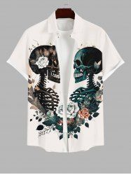 Plus Size Skulls Skeleton Lovers Distressed Flower Leaf Print Halloween Button Pocket Shirt For Men -  