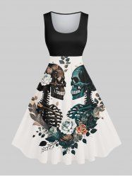 Robe D'Halloween Vintage Trapèze Feuille Fleur Imprimées Grande Taille - Noir M